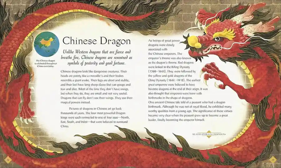 An educational poster about the Chinese Dragon, featuring a large red dragon illustration winding around a gold circular frame, with text panels on both sides explaining its symbolism and history.