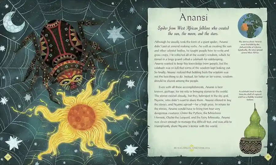 Illustration of a spider, sun, and moon with text on a starry night background