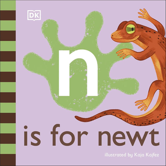 Book cover with a green handprint and brown newt illustration, featuring the letter 'n' for 'newt'.