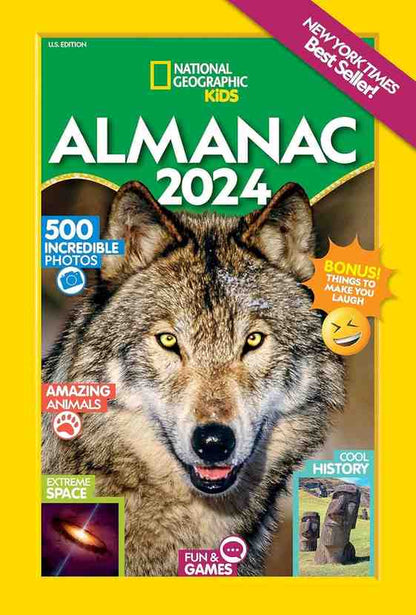National Geographic Kids Almanac 2024 book cover featuring a large wolf portrait on a bright yellow background with green title panels and colorful feature badges.