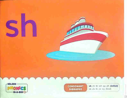 Book cover with a ship illustration and 'sh' phonics focus on an orange background