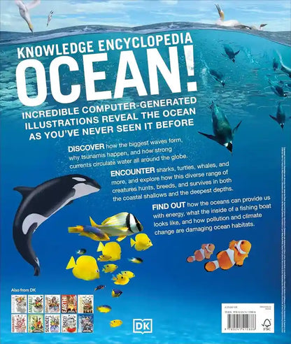 Back cover of a book titled 'Knowledge Encyclopedia Ocean' with illustrations of ocean life and text.