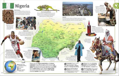 An educational travel poster of Nigeria, featuring a central map, various historical and cultural photos, illustrations of a chameleon and traditional attire, and informational text blocks.
