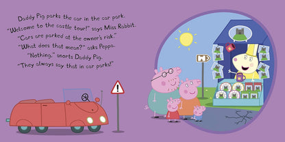 A children's book or poster-style illustration with a purple background. On the left is a red car and a warning sign with handwritten text about Daddy Pig parking the car in a car park.
