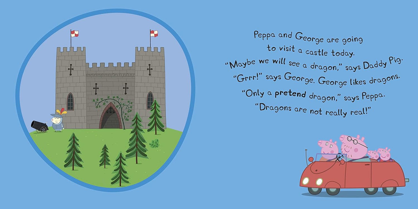 Peppa and George pretend dragon adventure print featuring a castle in a circular frame, text about visiting a castle and seeing a dragon, and Peppa and George in a red car on a light blue background.