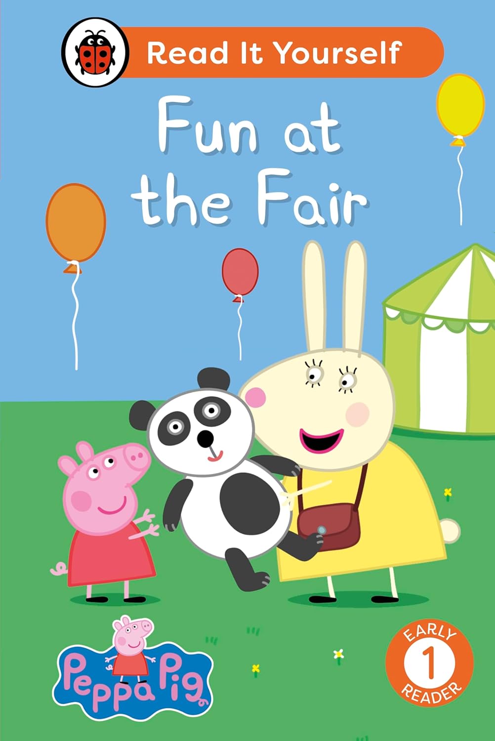 Peppa Pig 'Fun at the Fair' children's book cover, featuring Peppa, Grandpa Pig, and a panda at a fair with balloons and a green tent under a blue sky.