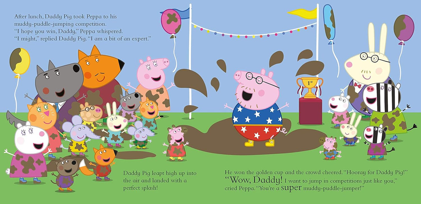 A colorful children's book-style illustration featuring Peppa Pig and other cartoon animals in a muddy competition scene, with balloons, banners, a trophy, and text bubbles on a light blue background.