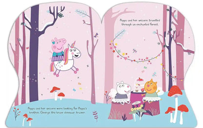 Illustrated children's book page with Peppa Pig and a unicorn in a forest setting.