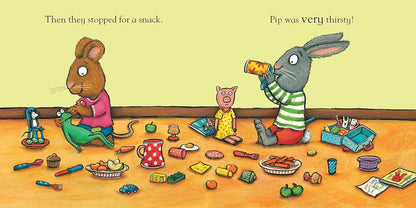 Illustration of animals around a table with snacks and drinks, with text indicating a pause for a snack.