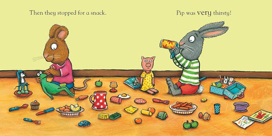 Illustration of animals around a table with snacks and drinks, with text indicating a pause for a snack.