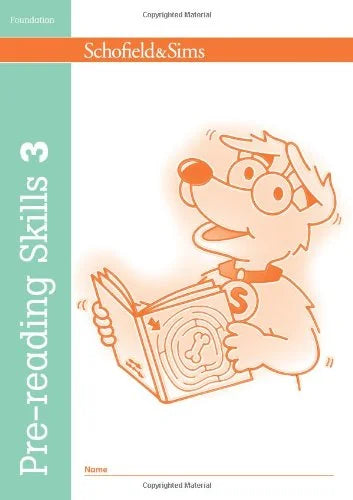 Book cover of 'Pre-reading Skills 3' by Schofield & Sims with a cartoon character holding a book.