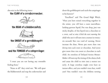Page from a book with text and illustrations of ingredients for a recipe, including 'the CLAW of a crrabbercruncher', 'the BEAK of a blabbersnitch', 'the SNOUT of a grrrobblesqvirt', and 'the TONGUE of a catspringer'.