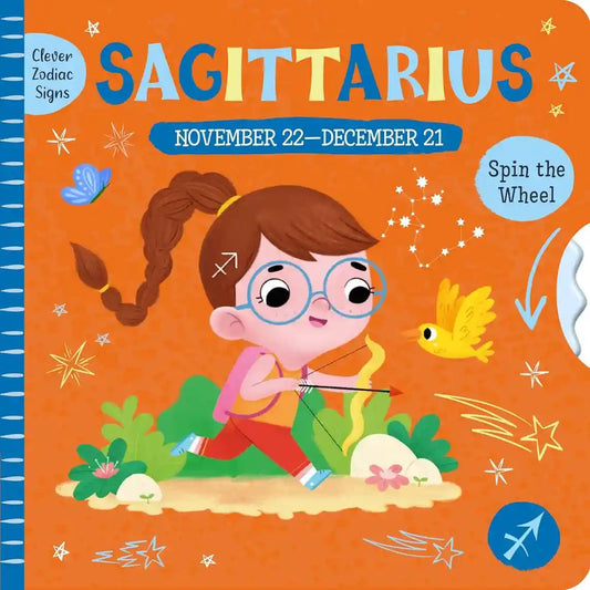 Book cover of 'Clever Zodiac Signs' featuring Sagittarius with a girl and zodiac symbols.