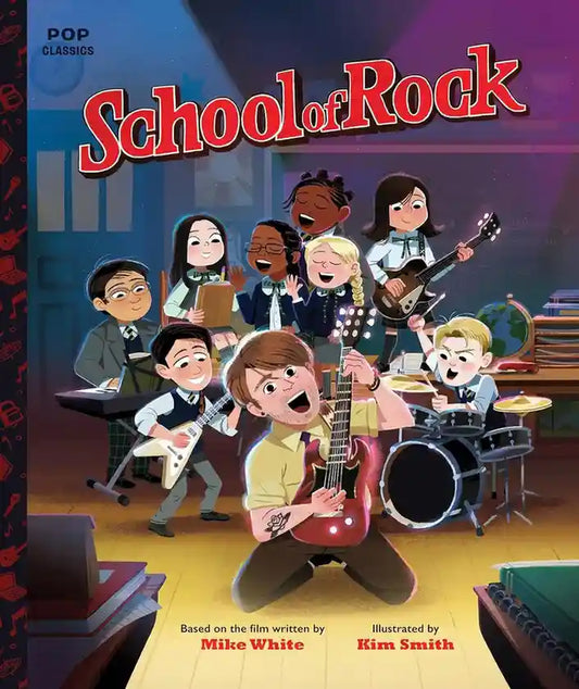 Book cover of 'School of Rock' with animated characters in a classroom setting.