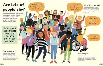 Illustration of diverse group of people with text about shyness and normalcy