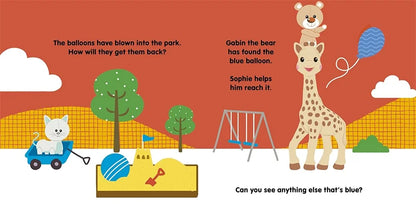 Illustration of a children's book page with a bear, giraffe, and cat in a park setting.