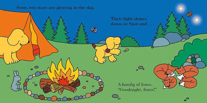 Illustration of a camping scene with animals around a campfire, featuring text.