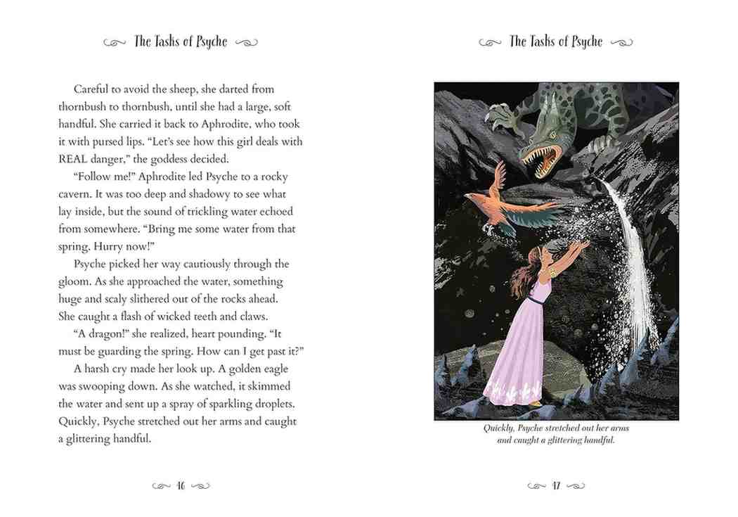 A printed page spread from a book or magazine featuring the title 'The Lads of Psyche' at the top, a short story about Psyche and Perseus in the text, and a black-and-white illustration on the right showing Psyche in a pink dress reaching toward Perseus.