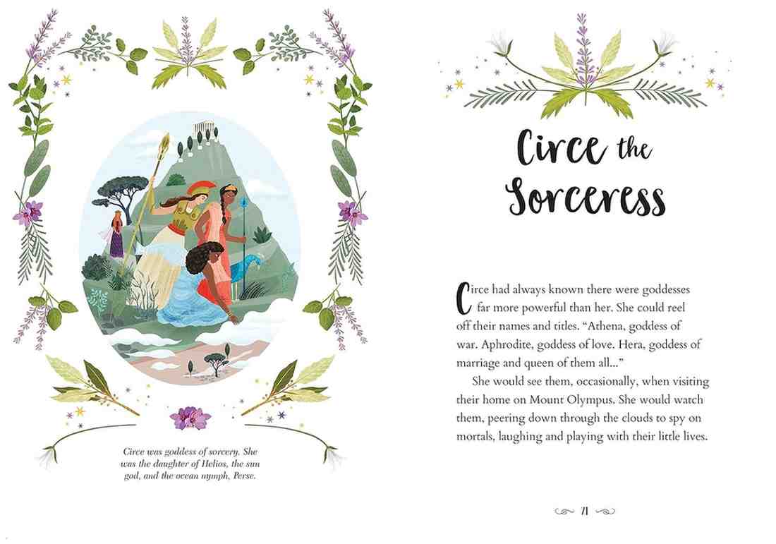 A two-page spread of a children's book or booklet featuring an illustrated cover and text page. The left page has a decorative floral border around a central pastel illustration of a woman in a forest, with small text below.