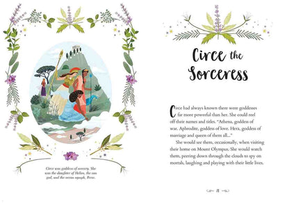 A two-page spread of a children's book or booklet featuring an illustrated cover and text page. The left page has a decorative floral border around a central pastel illustration of a woman in a forest, with small text below.