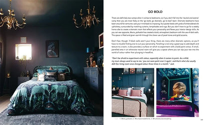 Dark bedroom with decorative elements and text on a magazine layout.