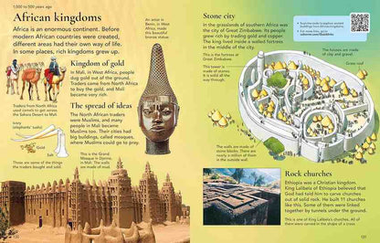 An educational infographic spread titled 'African kingdoms' showing historical maps, photos of ancient ruins, illustrations of people and animals, and explanatory text blocks on a pale yellow background.