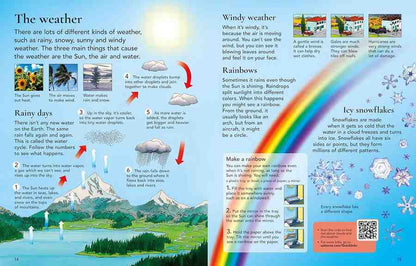 A printed educational poster or booklet page about weather, with text, small illustrations of clouds and rain, arrows, and sections titled 'The weather,' 'Rainy days,' 'Windy weather,' 'Rainbows,' and 'Ice snowflakes.' This is not a clean product shot, not a person-centered lifestyle image, and not a measurement chart, color swatch, or instruction diagram for a product listing.