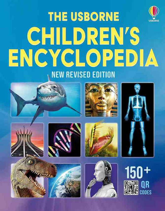 Cover of 'The Usborne Children's Encyclopedia' with images and text on a blue and purple gradient background.