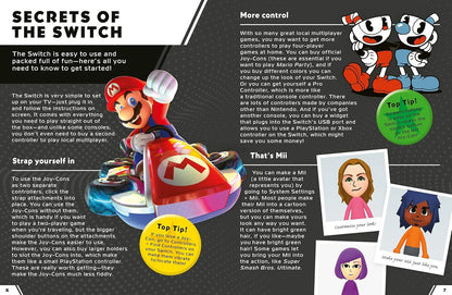 Gaming manual page with characters and text on a dark background