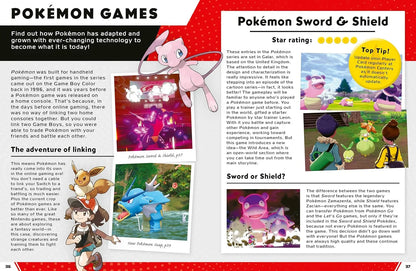 Page from a book or magazine about Pokémon Sword & Shield game, featuring text and images of characters and gameplay.