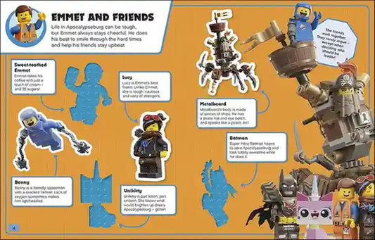 Illustration of various LEGO characters with text on an orange background