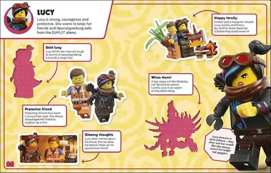 Character profile of Lucy from a LEGO-themed book with illustrations and text.