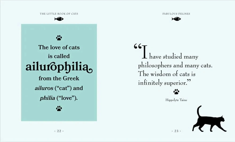 Two pages from a book about cats with text and a cat illustration.