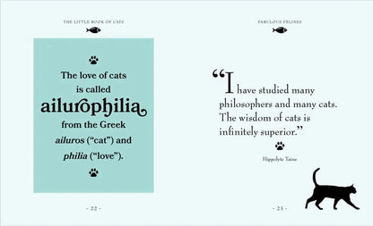 Two pages from a book about cats with text and a cat illustration.