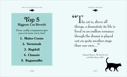 Page from a book listing top 5 cat breeds with a quote about cats.