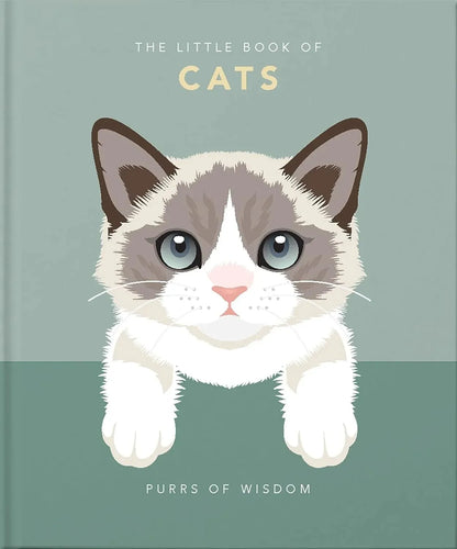 Book cover with a cat illustration and text 'The Little Book of Cats: Purrs of Wisdom' on a green background