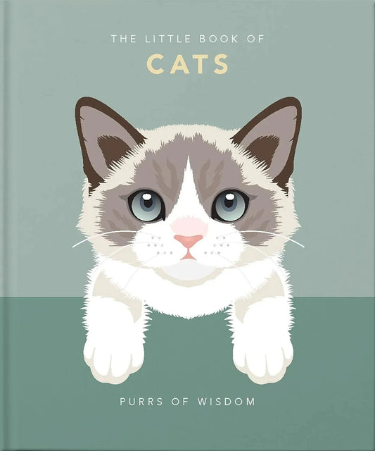 Book cover with a cat illustration and text 'The Little Book of Cats: Purrs of Wisdom' on a green background