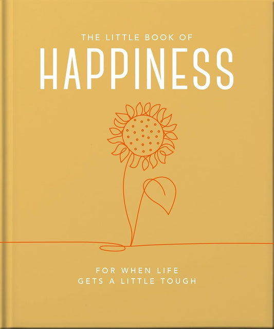 Book titled 'The Little Book of Happiness' with a sunflower illustration on a beige background