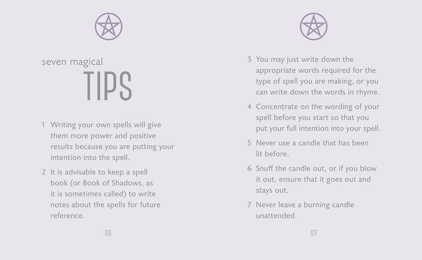 A light gray page with two columns of black text titled 'seven magical TIPS' and seven numbered spell-making tips, with small circular star-like symbols above the headings.