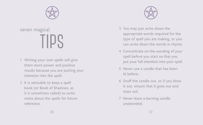 A light gray page with two columns of black text titled 'seven magical TIPS' and seven numbered spell-making tips, with small circular star-like symbols above the headings.
