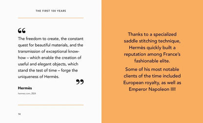Text about Hermès' history and reputation, with a white and orange background.