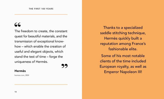 Text about Hermès' history and reputation, with a white and orange background.