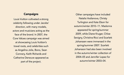 Text on a beige background discussing Louis Vuitton's celebrity campaigns and core values campaign.
