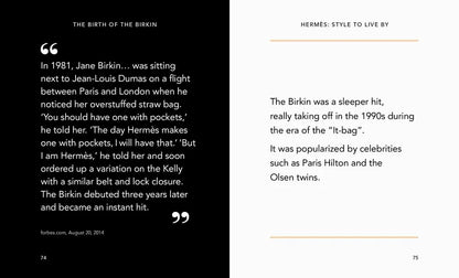 Book page with text about the Birkin bag's history and popularity, featuring a quote from Jane Birkin.