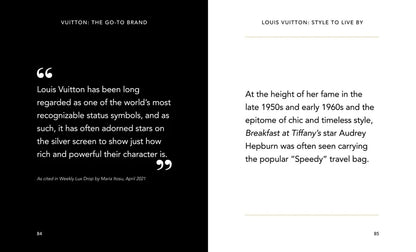 Text about Louis Vuitton's association with Audrey Hepburn and the 'Speedy' travel bag, with a black and white color scheme.