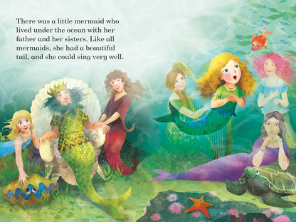 A colorful children's book illustration page with a story about a little mermaid. The page has black text in the upper left and an underwater mermaid scene with several mermaids, a turtle, a fish, and sea plants in shades of green, purple, pink, and blue.