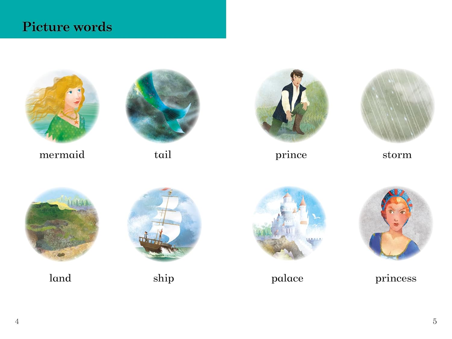 A children's educational page titled 'Picture words' showing eight illustrated circular images with labels: mermaid, tail, prince, storm, land, ship, palace, and princess.