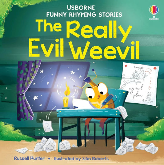 Book cover of 'The Really Evil Weevil' by Usborne with a cartoon weevil at a desk.