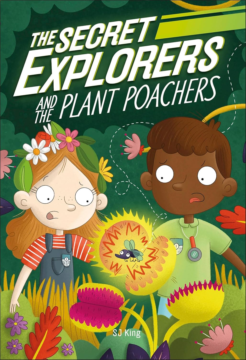 Illustrated book cover for 'The Secret Explorers and the Plant Poachers' by SJ King, featuring two children surrounded by oversized flowers and plants against a dark green background.