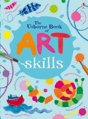 Book cover of 'The Usborne Book of Art Skills' with colorful art supplies and designs.